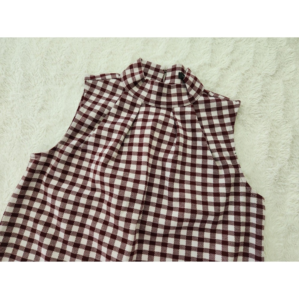 Ann Taylor Factory Women's Small S Burgundy White gingham Check Mock Neck Tank